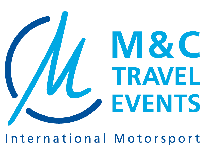 Logo for M&C Travel Events, International Motorsport. The design features a stylized blue M integrated into a circle, reminiscent of the sleek lines found in electric vehicles, with the company name in bold blue text.